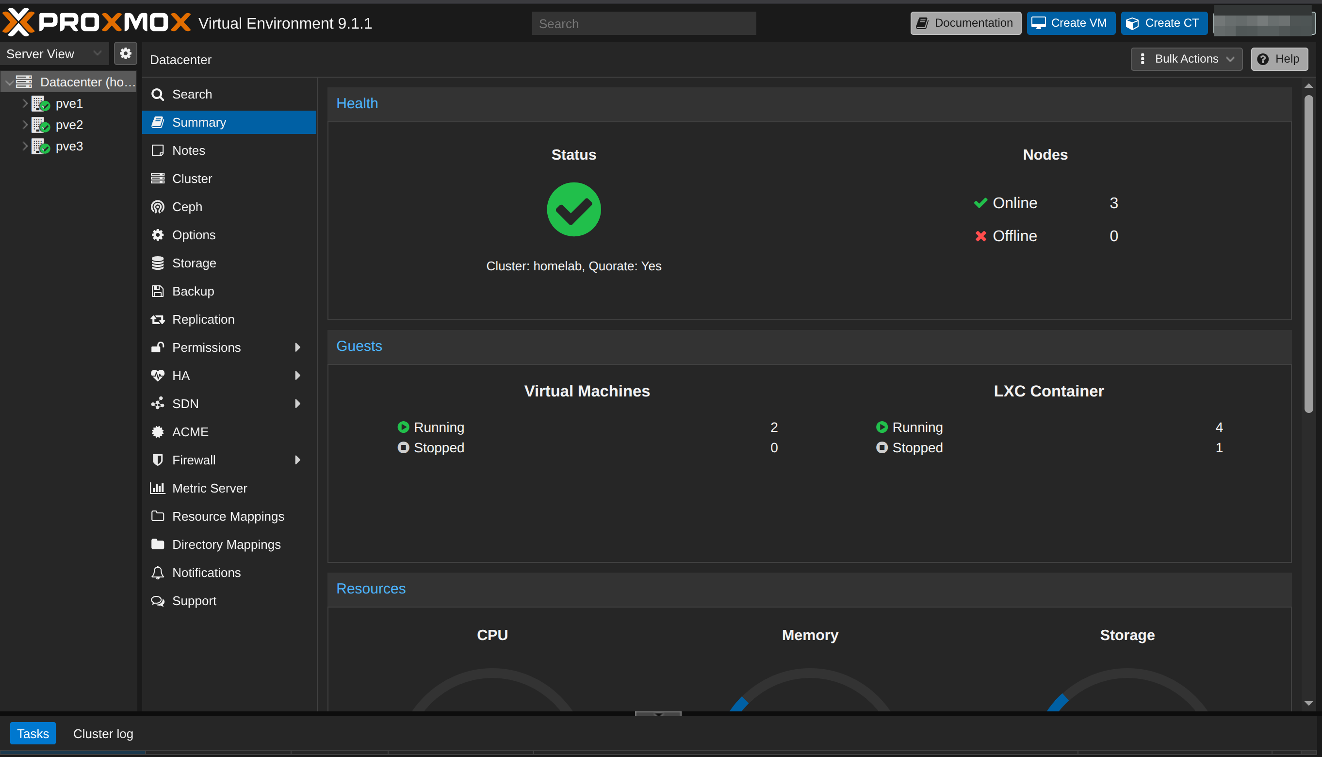 Proxmox Cluster — 3 nodes online, quorum established