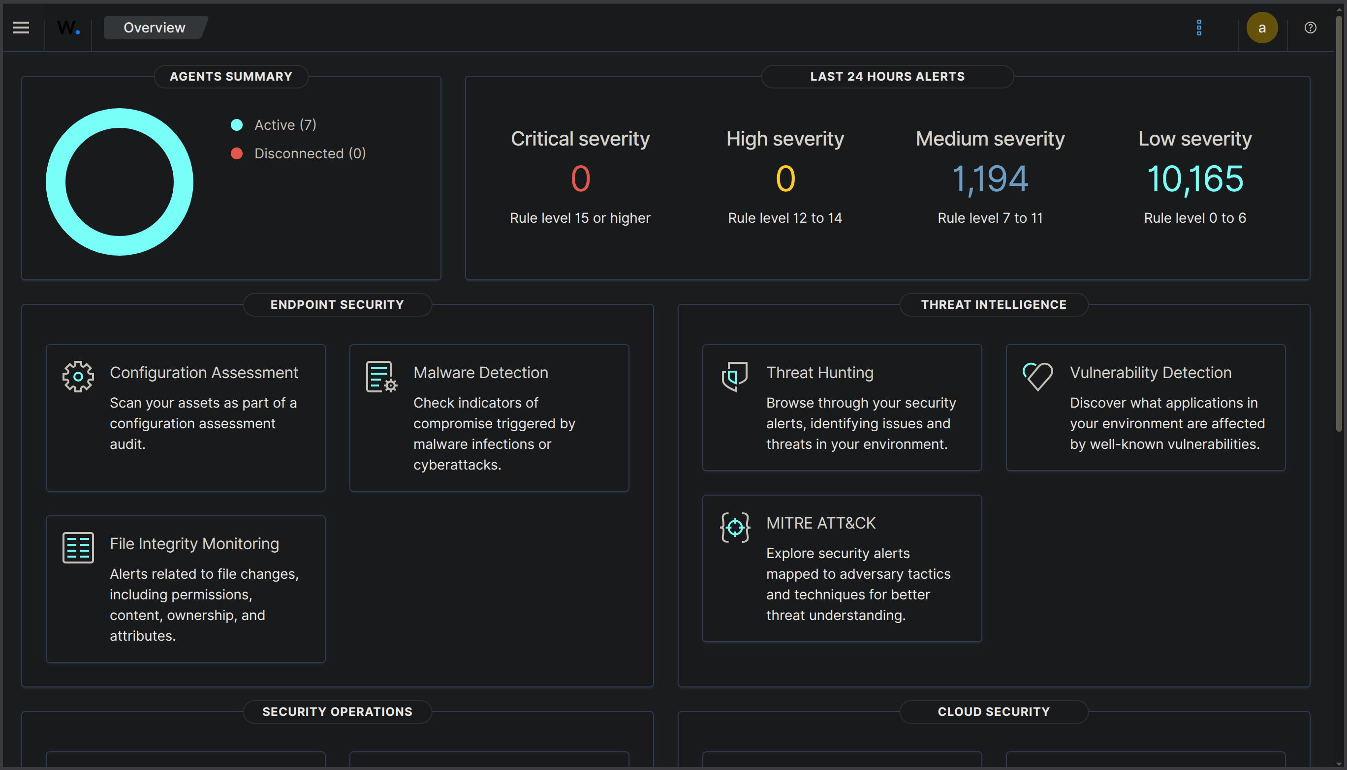 Wazuh Overview — 7 agents active, 24-hour alert summary